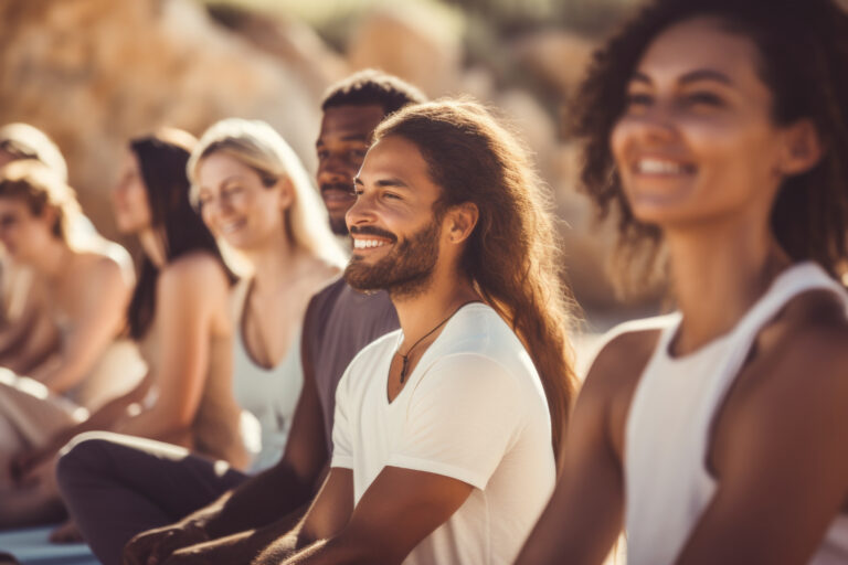 Group of young happy people on yoga retreat in Ibiza