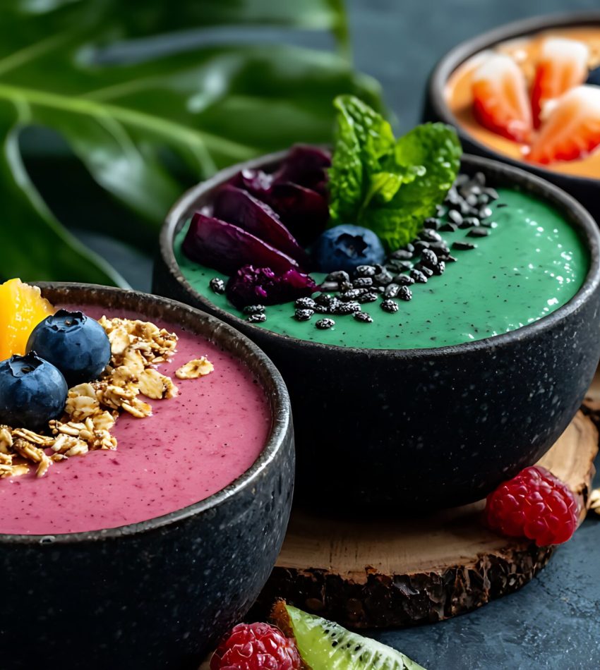 Artistic arrangement of colorful smoothie bowls adorned with fresh fruits and granola, healthy breakfast, superfood indulgence, vibrant nourishment, tropical bliss, wellness delight,