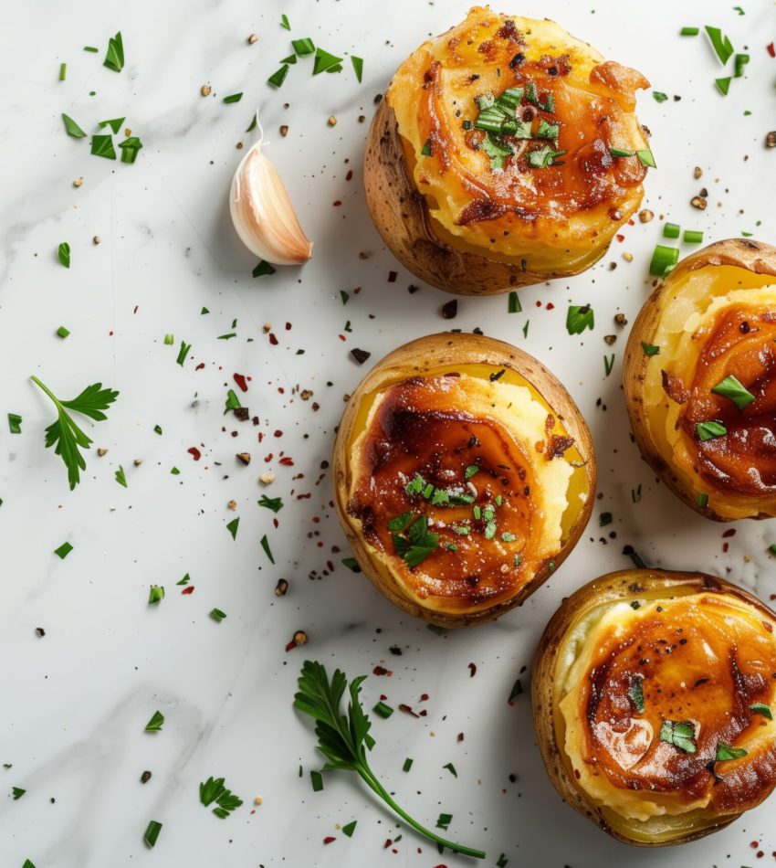 Freshly baked potatoes are topped with a creamy mixture and garnished with herbs, set on a stylish marble countertop, revealing a delicious and inviting dish.